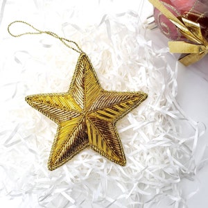 Hand embroidered metallic Gold star Christmas hanging ornament, Texas holiday decor, gold Texas star wreath ornament, Texas star gift tag