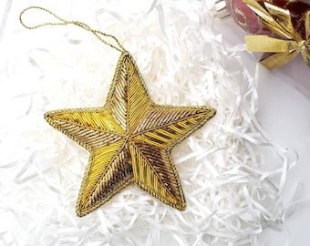 Gold star Christmas hanging ornament, handmade Texas holiday decor, hand embroidered gold Texas star wreath ornament, secret Santa gift
