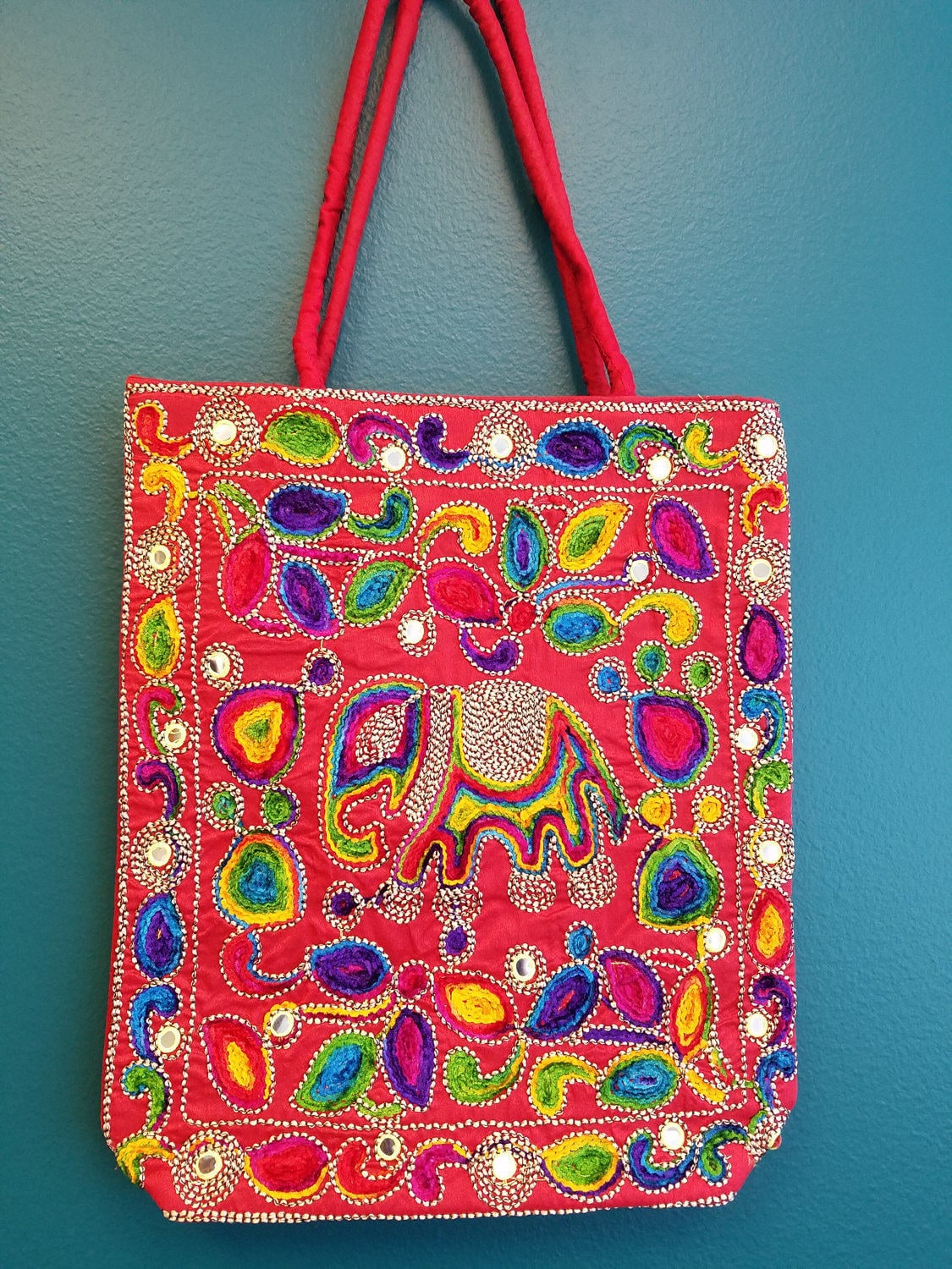 Red embroidered elephant tote bag, elephant shoulder bag, boho shoulder