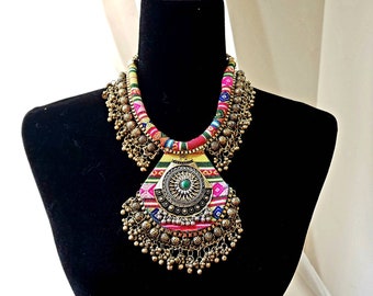 Boho Bib Necklace: Dramatic Rainbow Pendant, Ethnic Tribal Jewelry