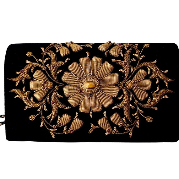 Pochette De Soirée Brodée Fil D'or Et œil De Tigre - Vintage, Fait Main, Occasion