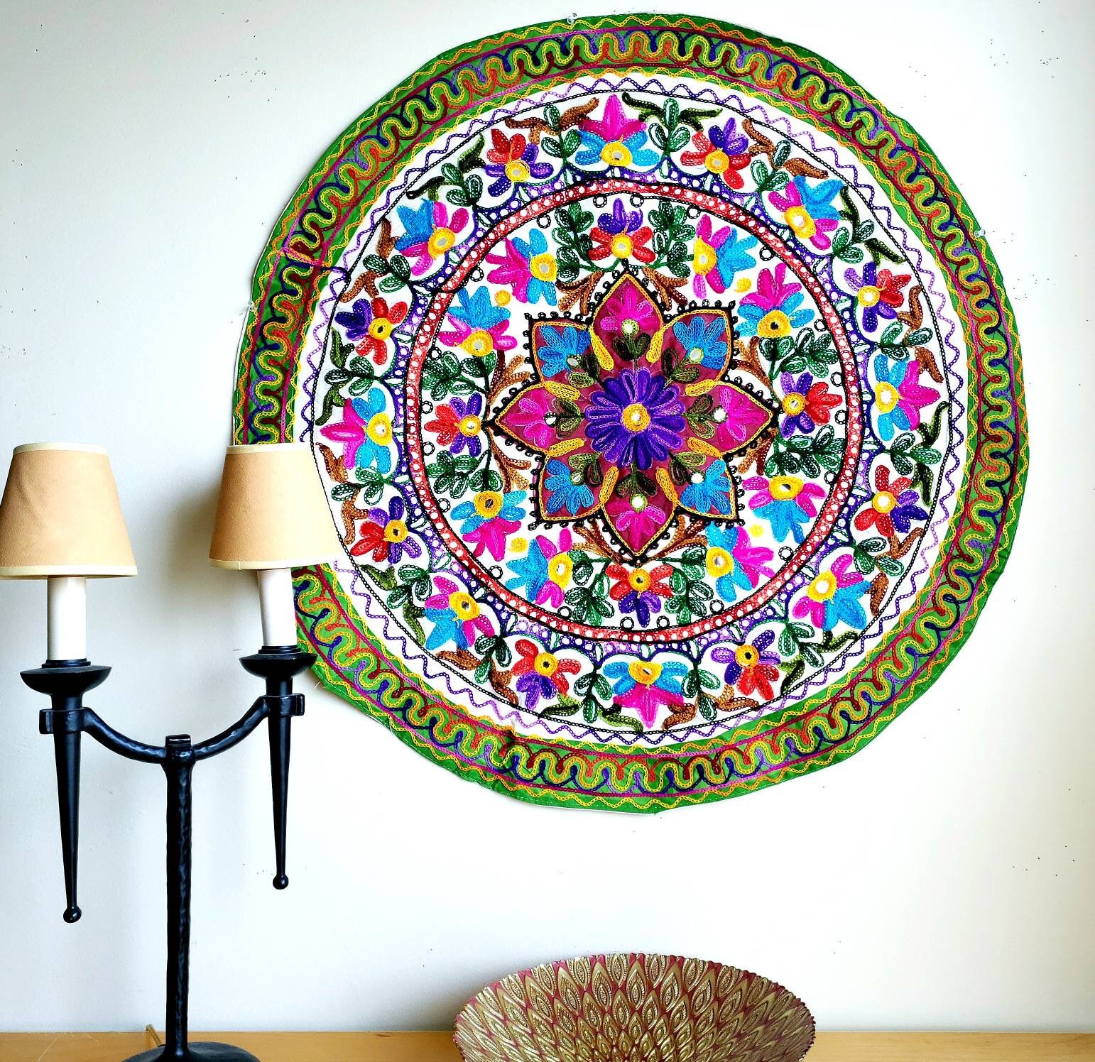 Colorful embroidered India tapestry wall hanging, floral ethnic Kuchi wall decor,boho home decor 