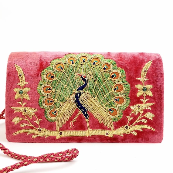 Peacock Embroidery on Red Velvet Evening Clutch Bag Goldwork Zardozi Bag India Peacock Handbag Peacock Lover Gift Bird Purse bird Lover Etsy Ireland