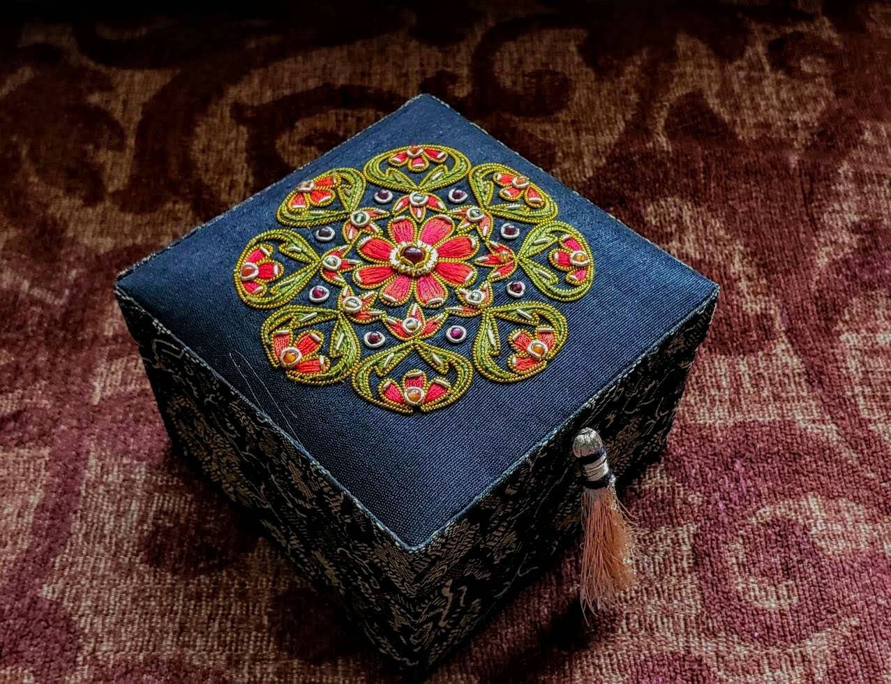 Black silk handmade embroidered Jewelry box, silk gift box, wedding