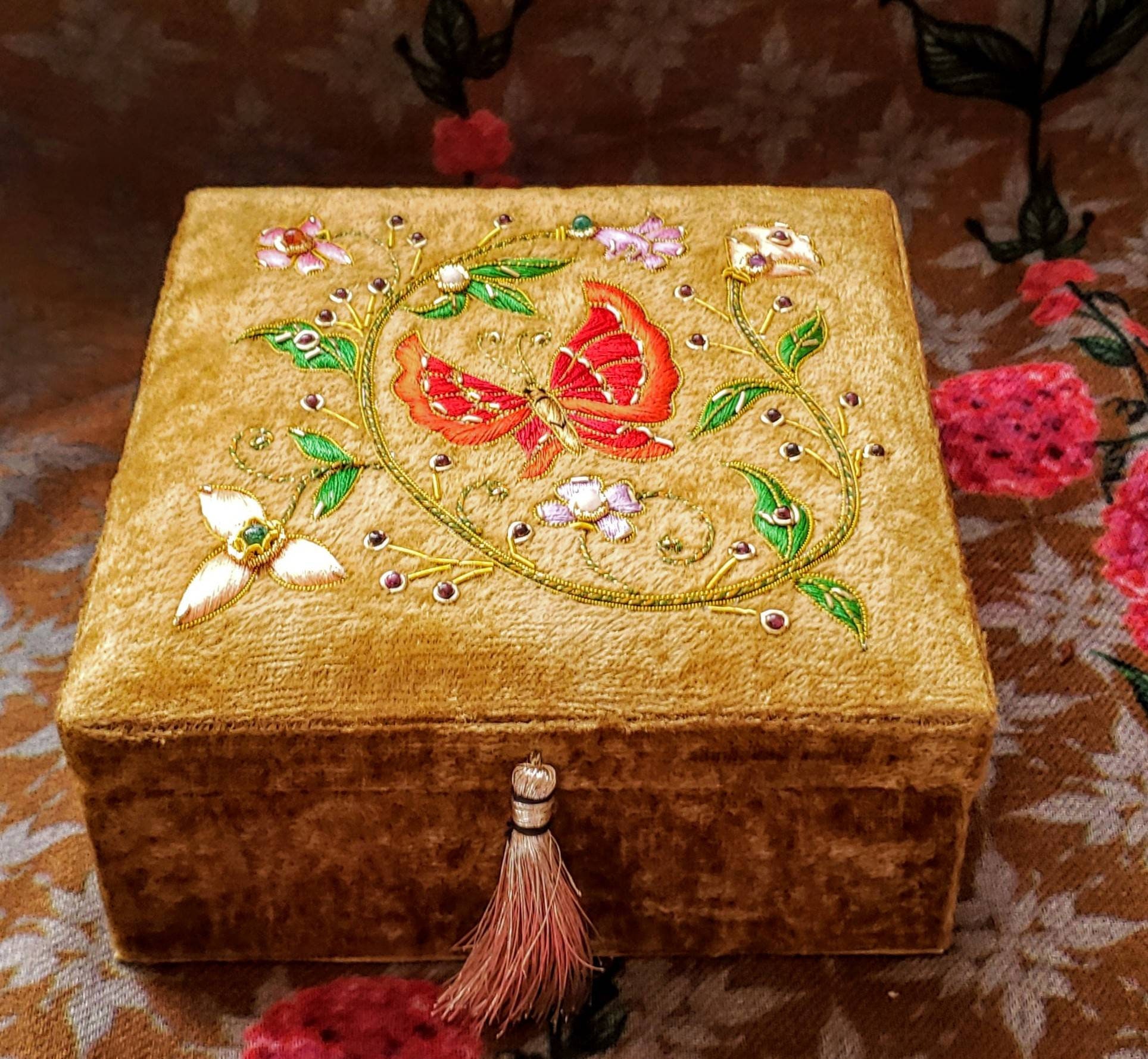 Butterfly embroidered velvet  Jewelry  box  keepsake box  