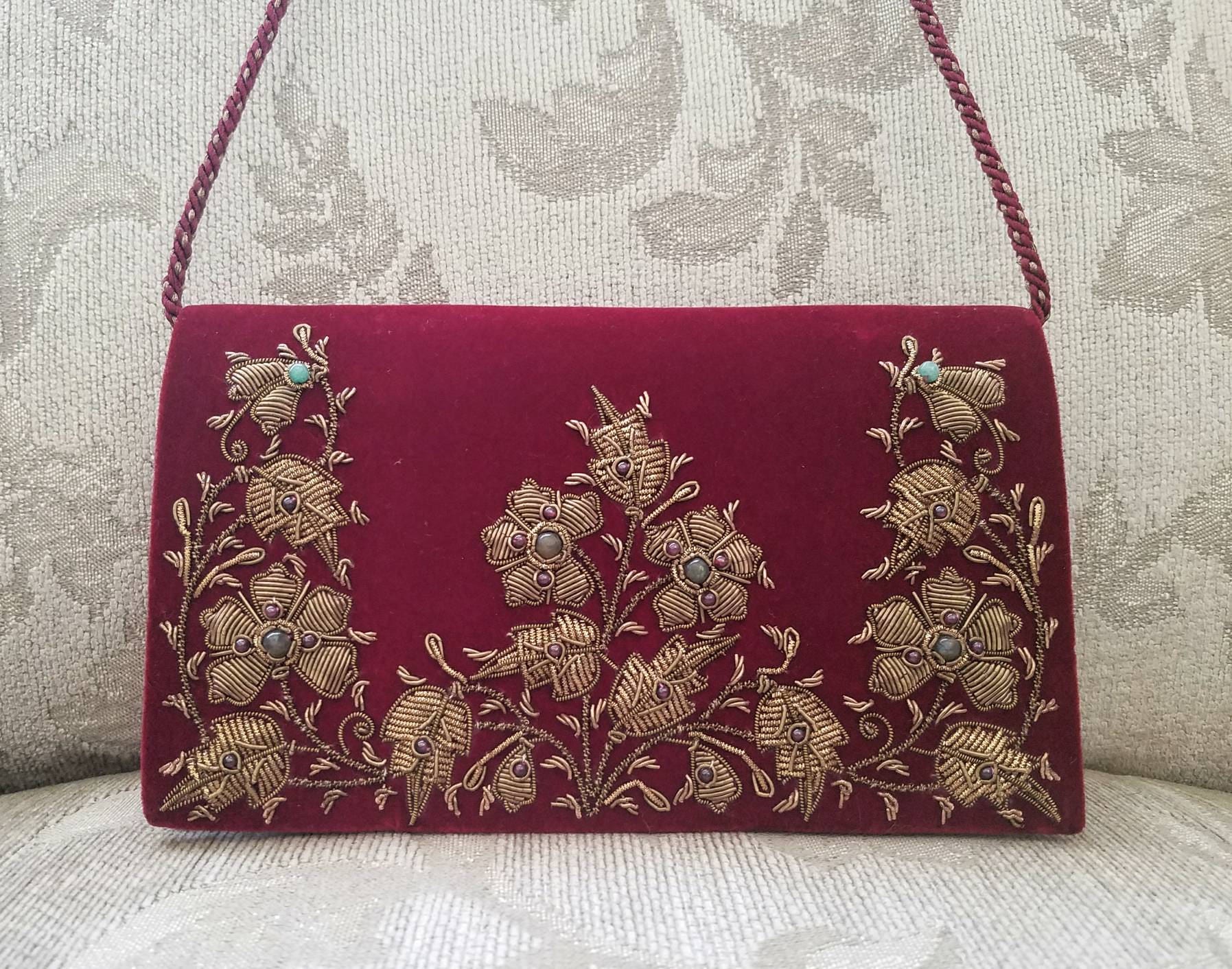 RESERVED FOR CHANGYI Crimson red velvet embroidered evening bag, velvet ...