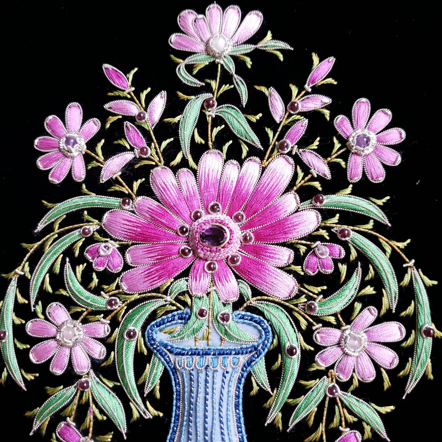 Hand embroidered silk flowers in vase, botanical wall art, floral wall art, embroidered flowers