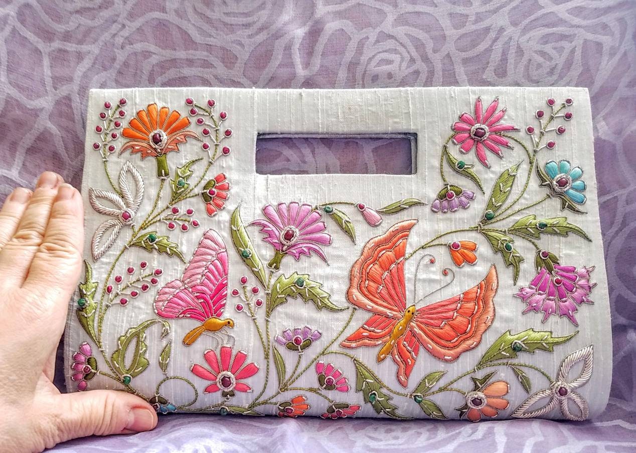 Butterfly purse, silk handbag with butterfly embroidery, butterfly