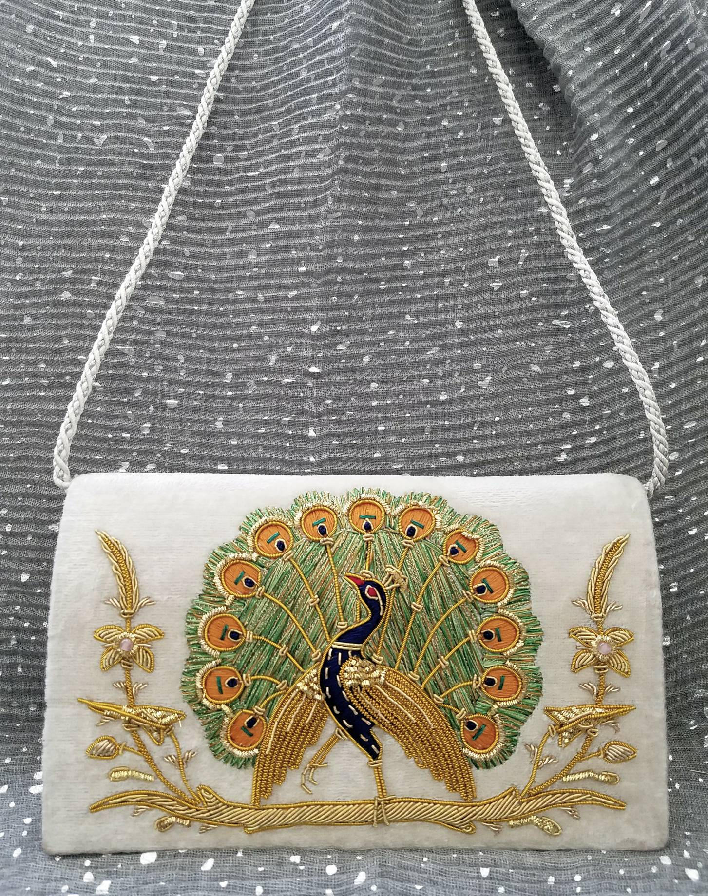 Handmade Embroidered Lovebirds Evening Clutch Bag in Gold by ABURY