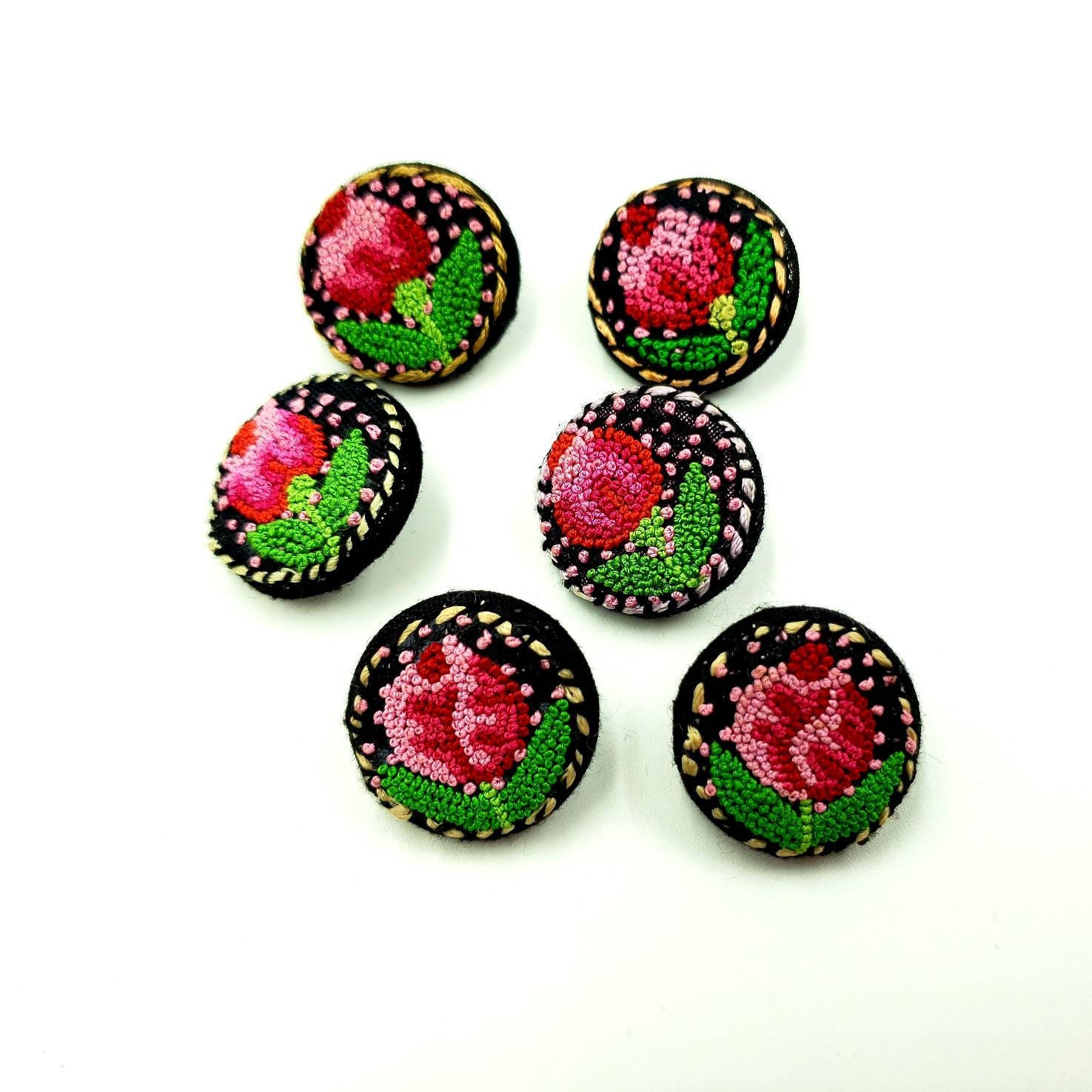 Embroidered flower buttons, handcrafted buttons, collectible buttons