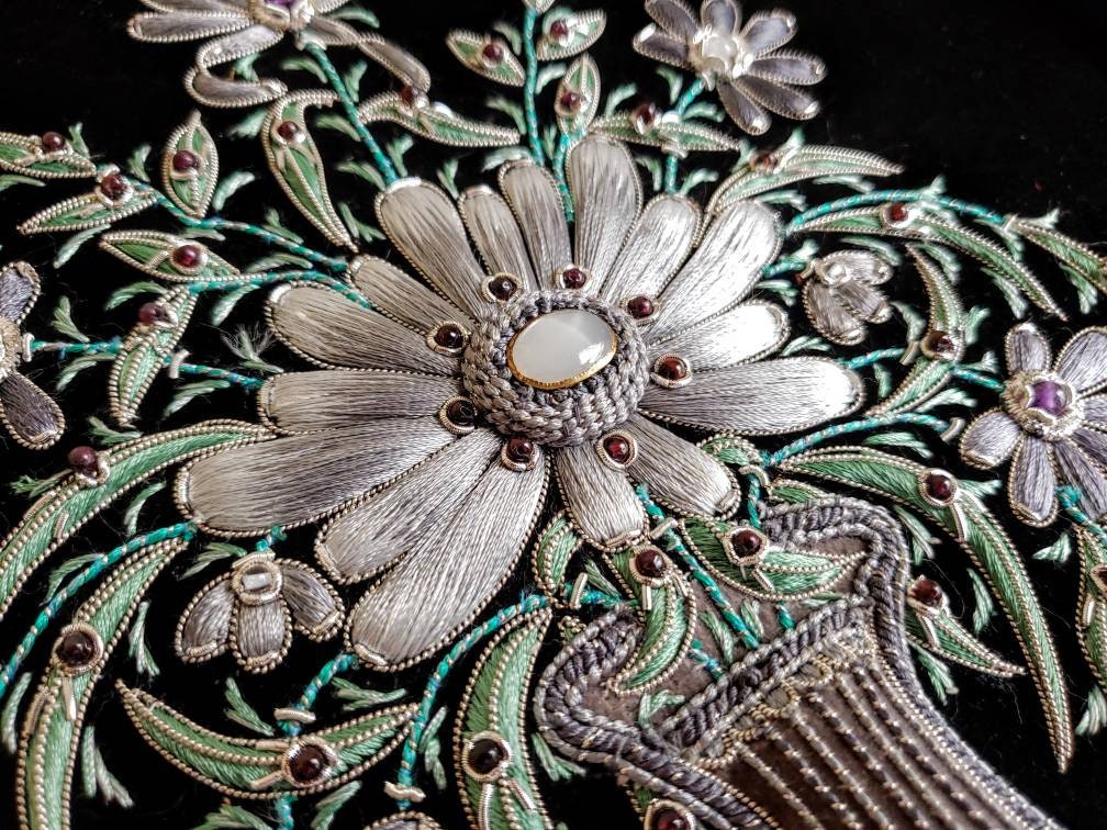 Hand embroidered gray flowers in vase botanical wall art floral wall Hand embroidered gray flowers in vase botanical wall art floral wall