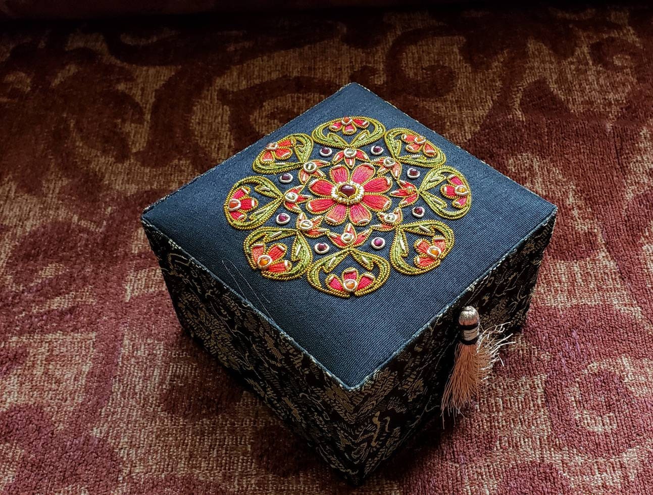 Black silk handmade embroidered Jewelry box, silk gift box, wedding