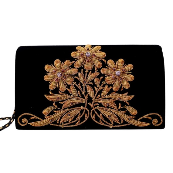 Black velvet evening bag, embroidered floral party clutch, OOAK statement  handbag, zardozi purse,luxury handbag,formal purse,gifts for her