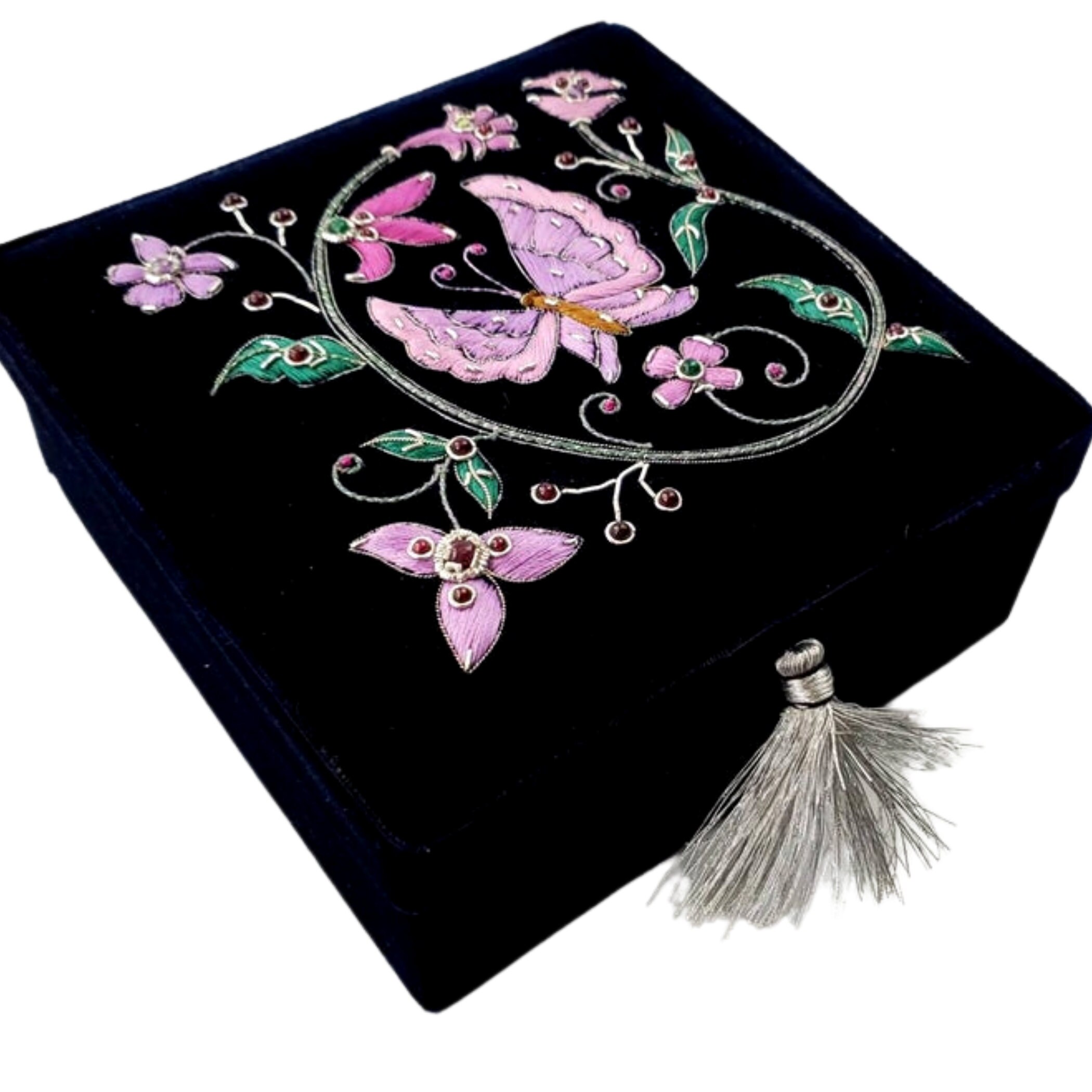 Embroidered navy blue velvet Jewelry box, butterfly box