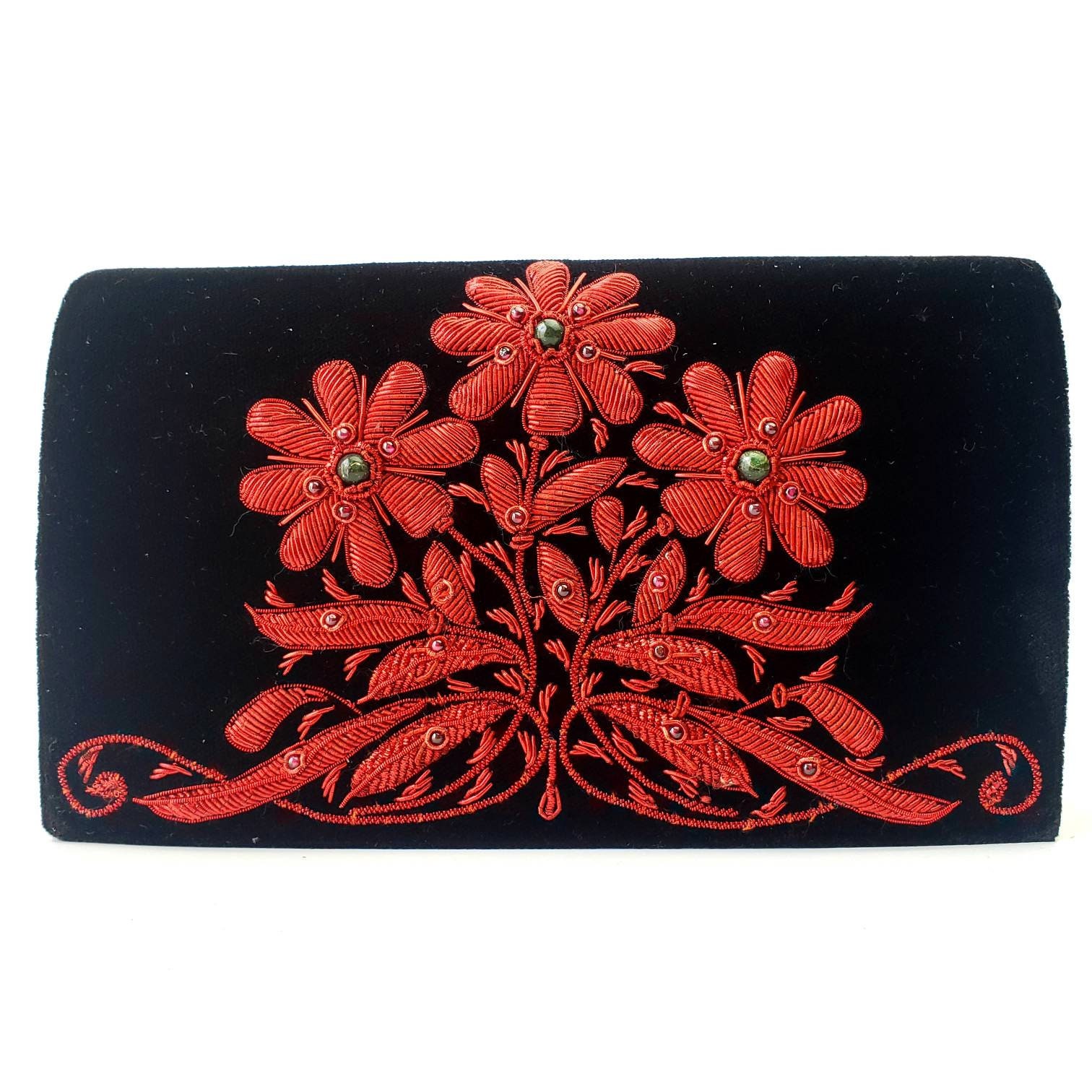 Black velvet evening clutch bag hand embroidered with red daisies, zardozi  purse, OOAK statement clutch, Valentines Day gift for her