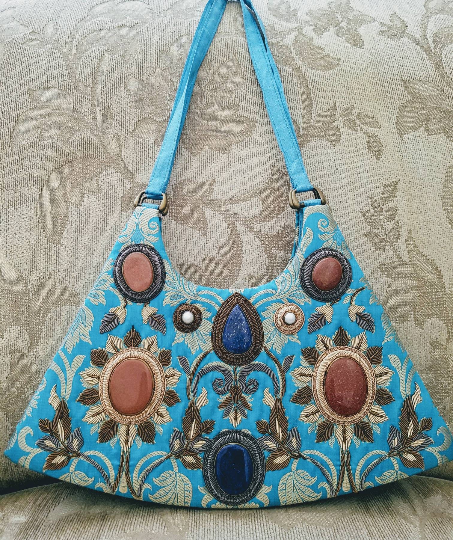 Vintage embroidered handbag, vintage turquoise handbag, OOAK handbag