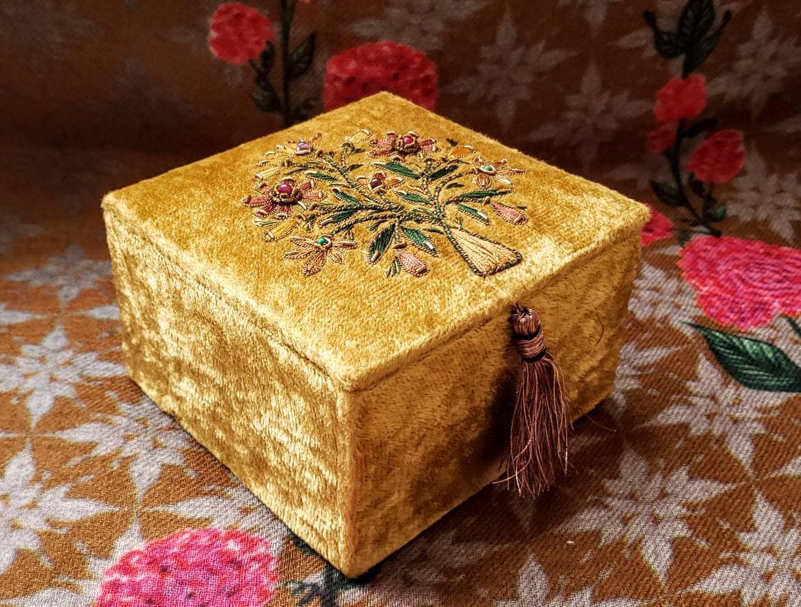 Gold velvet handmade embroidered Jewelry box, velvet gift box, ring box,wedding ring box