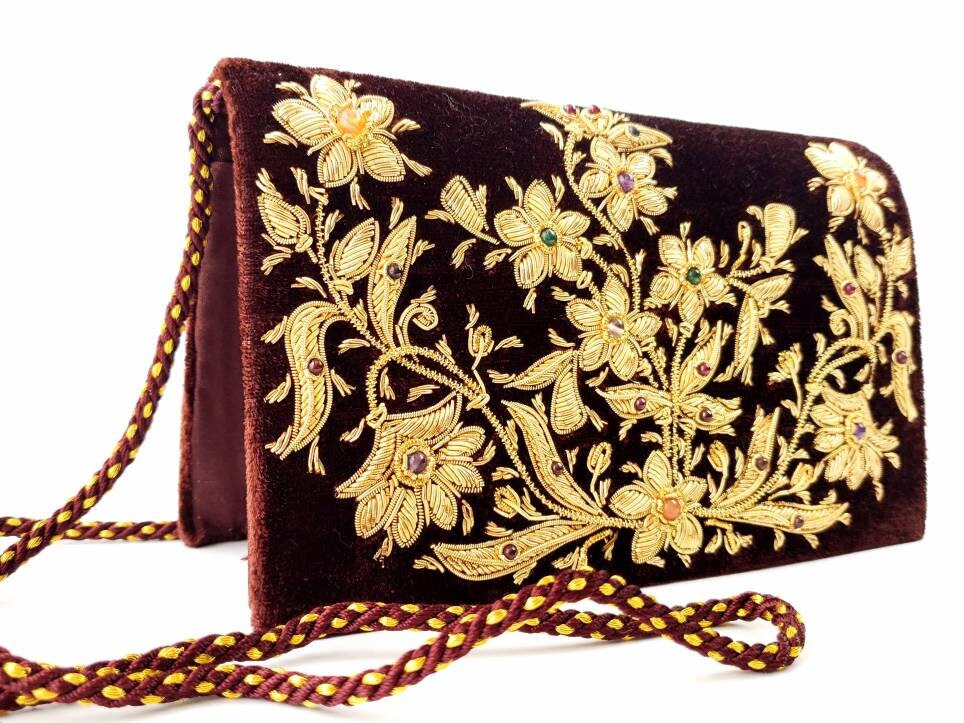 Brown velvet evening bag, Embroidered gold clutch, Zardozi purse, jewel