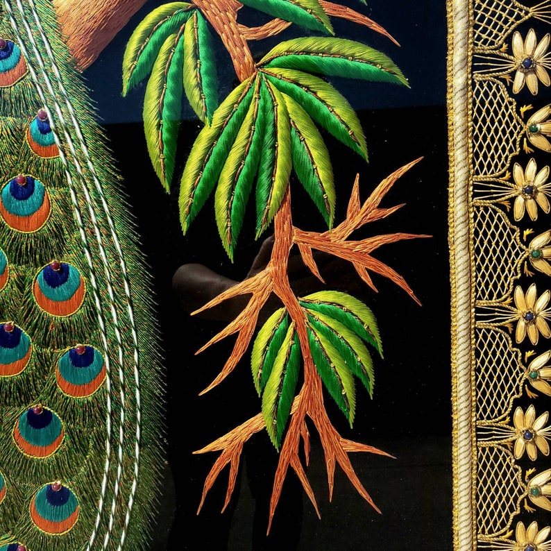 Large Hand Embroidered Peacock Wall Art: Zardozi India Decor image 9