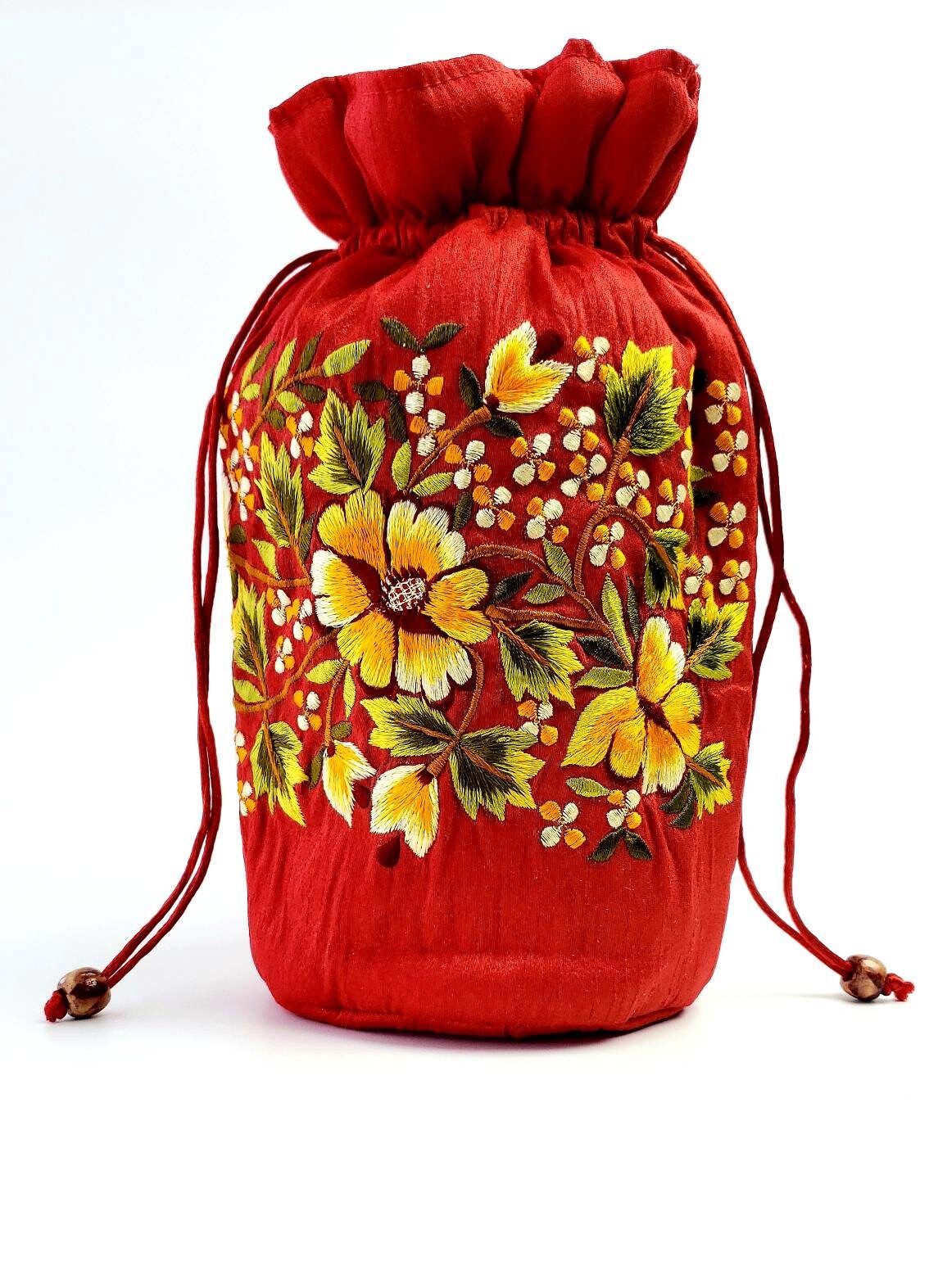 Embroidered drawstring pouch, potli bag, cosmetic bag, jewelry pouch