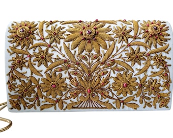 Hand Embroidered Silk Handbag: Zardozi Floral Evening Bag with Rubies