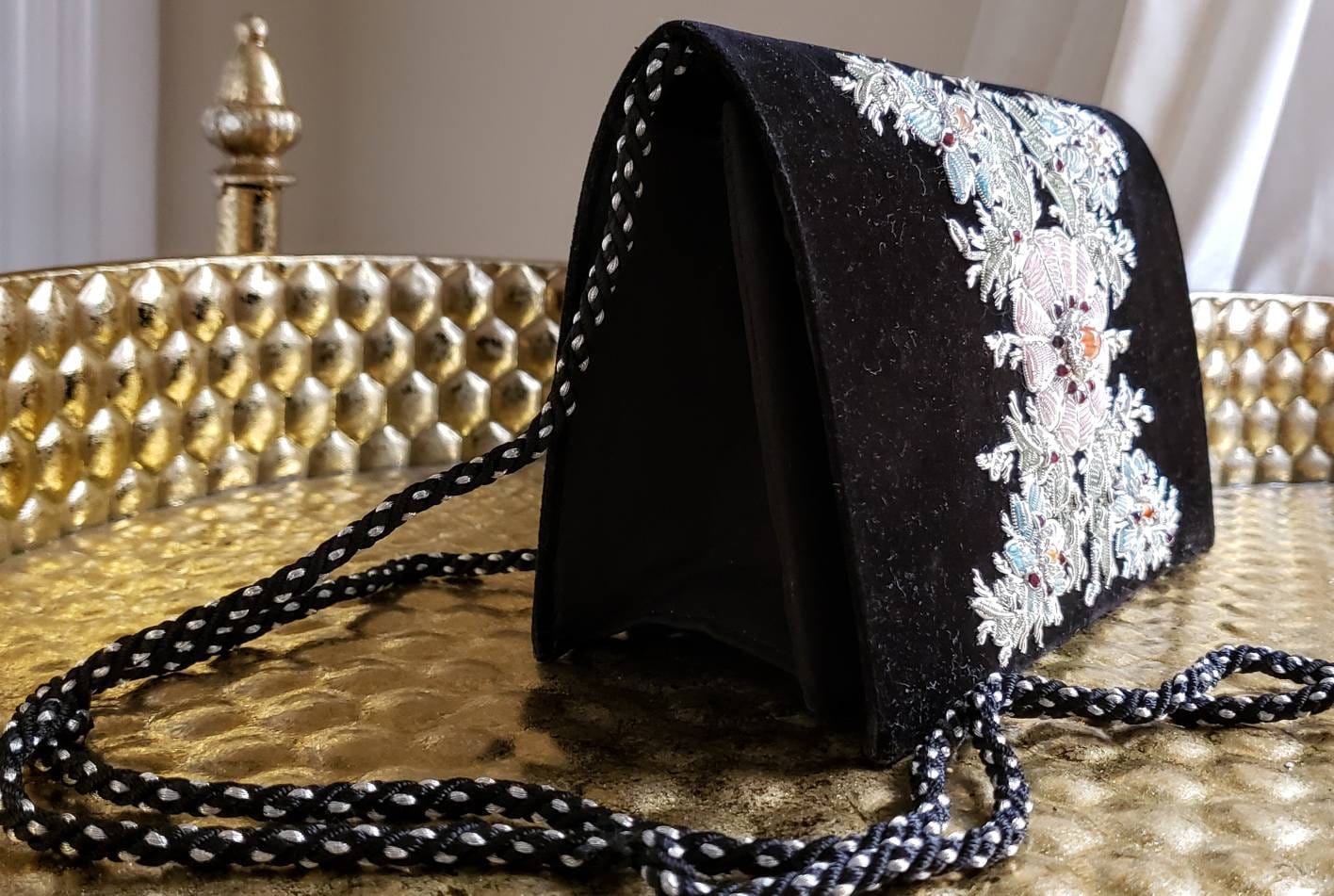 Embroidered black velvet evening bag, Zardozi purse, Zardozi clutch