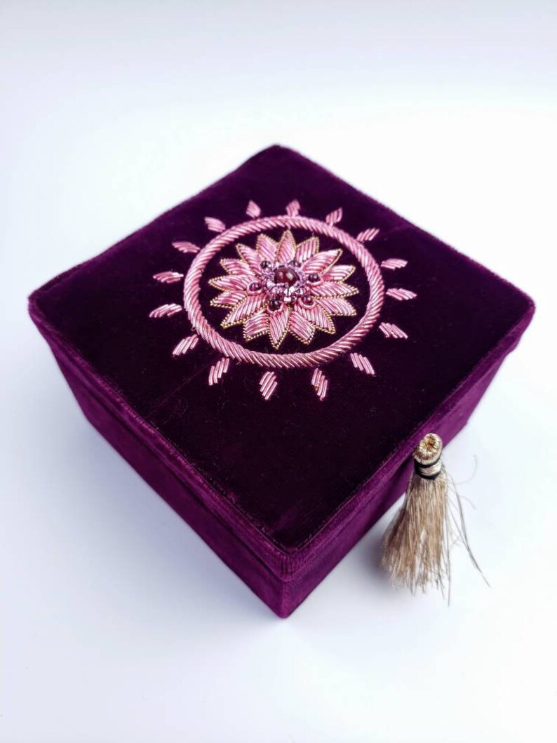 Small velvet jewelry box hand embroidered with floral design Etsy
