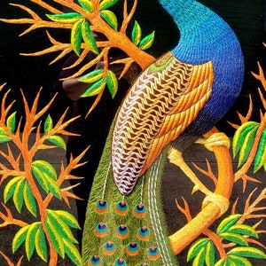 Large Hand Embroidered Peacock Wall Art: Zardozi India Decor image 3