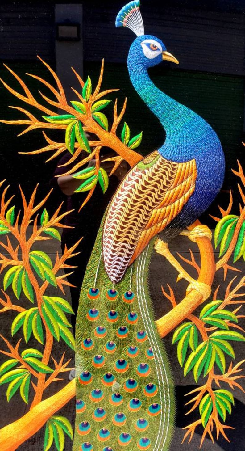 Large Hand Embroidered Peacock Wall Art: Zardozi India Decor image 3