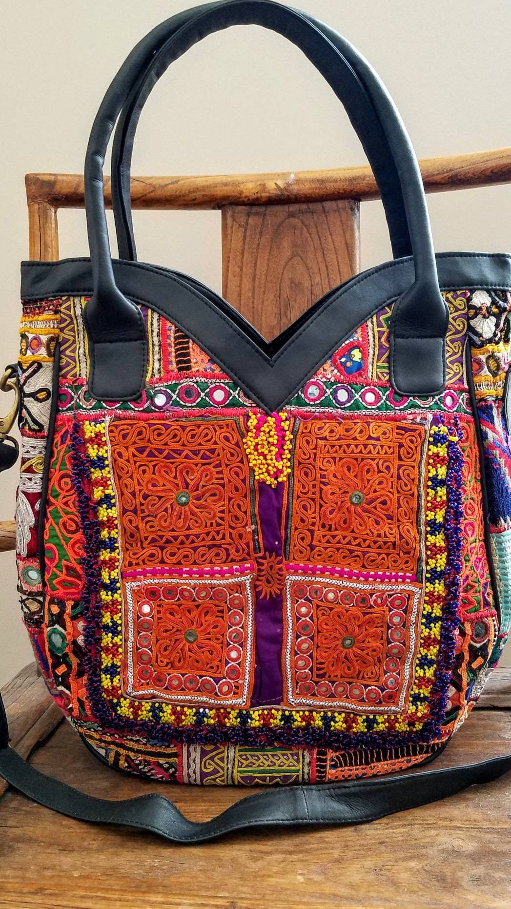 Large embroidered black leather bag, Banjara tote bag, boho