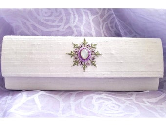 White silk bridal clutch with moonstone,white clutch with floral embroidery, wedding clutch,bridal clutch, bridesmaid clutch, zardozi clutch