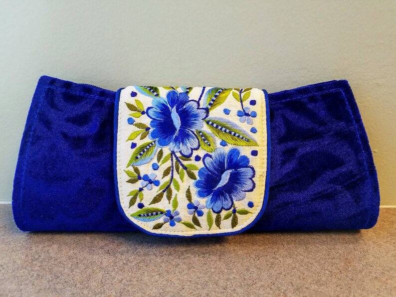 blue velvet clutch