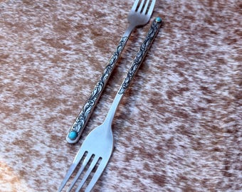 Wedding Cake Forks - Genuine Turquoise Engraved Fork Set