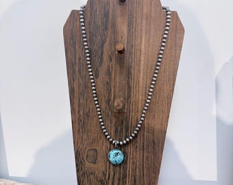 The Bosque Sterling Silver Pearl Necklace with Genuine Turquoise Pendant
