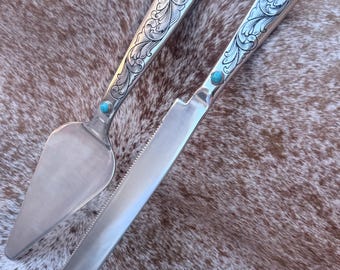 Wedding Cake Serving Set | Genuine Turquoise Engraved Cake Knife and Server