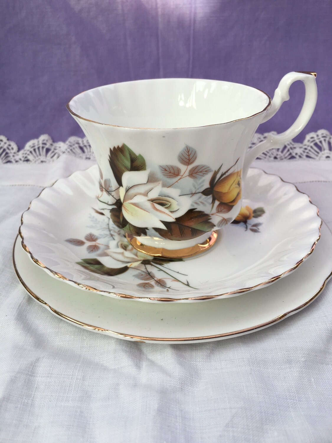 Royal Imperial Bone China Tea cup trio White and Yellow Roses Etsy