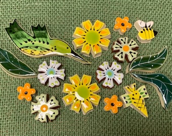 Hummingbird Garden Tile for Mosaic (green/yellow)- 4”