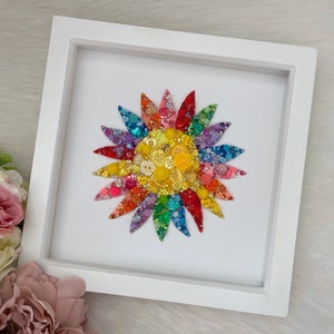 Button Art, Sunflower Picture, Rainbow Sunflower, Home Decor, Nursery Decor, Sunflower Gifts, Birthday Ideas for Her, Children's Room Decor