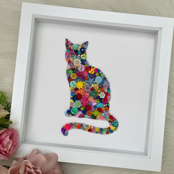 Cat Button Art Picture, Unique Wall Art, Home Decor, Cat Lover Gift, Pet Art, Birthday Gift Ideas for Mum, Gifts for Her, Animal Lover Gifts