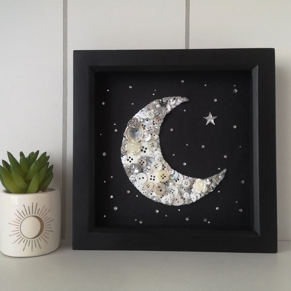 Button Moon Art Picture. Mini Button Moon, Space Art, Personalised Gifts, Home Accessories, Nursery Decor, Wall Hanging, Birthday Gift ideas