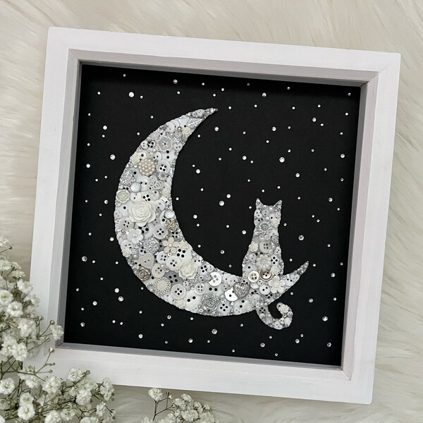 Moon Wall Decor, Cat Button Art Picture, Moon Gifts, Home Decor, Cat Gifts, Commission Art, Birthday Ideas for Mum, Celestial Gift for Her