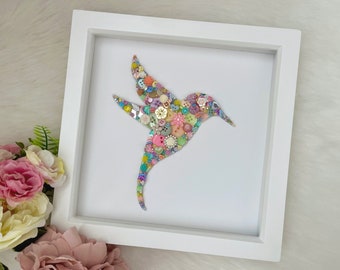 Pastel Hummingbird Button Art, Home Decor, Pastel Nursery Decor, Hummingbird Gifts, Nature Lovers Gift, Birthday Gift Ideas for Her,