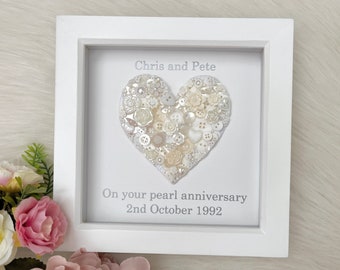 Pearl Anniversary Heart Button Art, Home Decor, Personalised Anniversary Gift, 30th Anniversary Gift for Wife, Bespoke Wall Art, Unique Gift