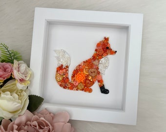 Fox Button Art Picture, Bespoke Wall Art, Home Decor, Woodland Nursery Decor, Fox Gifs For Her, Nature Lovers Unique Christmas Gift, Framed