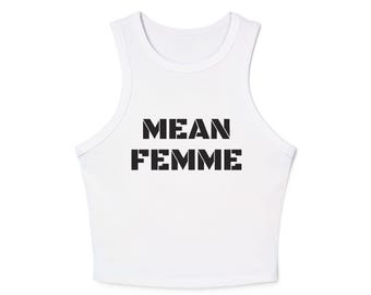 Mean Femme Micro Rib Racer Tank Top, Women's Workout Top, Casual Summer Top, Trendy Graphic Tank, Feminist Apparel