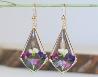 Tiny Pressed Flower Earrings, Dangles, Flower Earrings, Resin Earrings, Gold Filled, Alyssum, Dangle Earrings