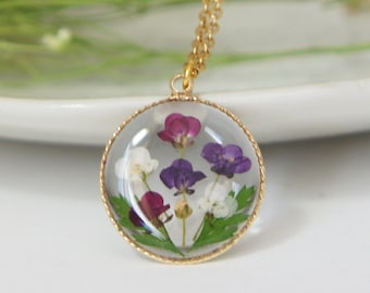 Regalo para ella, collar de flores prensadas, collar de aliso, collar de resina, collar de flores secas, flores reales, joyería natural