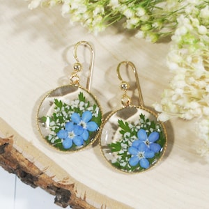 Forget me not earrings, Pressed flowers Jewelry, Resin Jewelry, Natural Jewelry Dried Flower, Gold Earrings, Gift for her, Mothers day gift