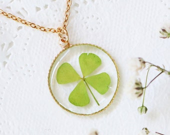 Almost Perfect, Yellow Green Four Leaf Clover Necklace, Shamrock Necklace, St Patrick Necklace, Resin Jewelry, Resin Necklace, Lucky Charm