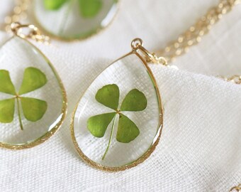 Four leaf clover necklace, Shamrock Necklace, Pressed flower, St Patrick's day, Teardrop, Botanical Jewelry, Lucky charm